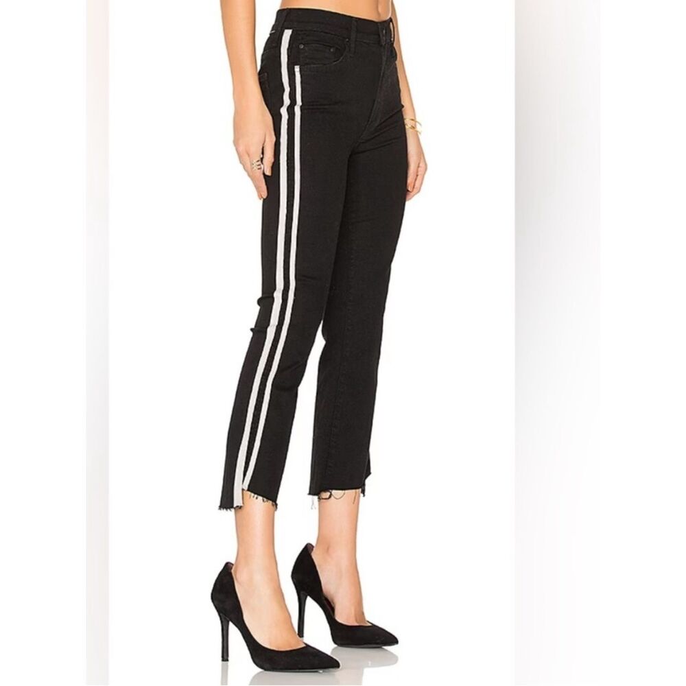MOTHER Black Insider Crop Step Fray Jeans with Cream Side Stripes Size 25
